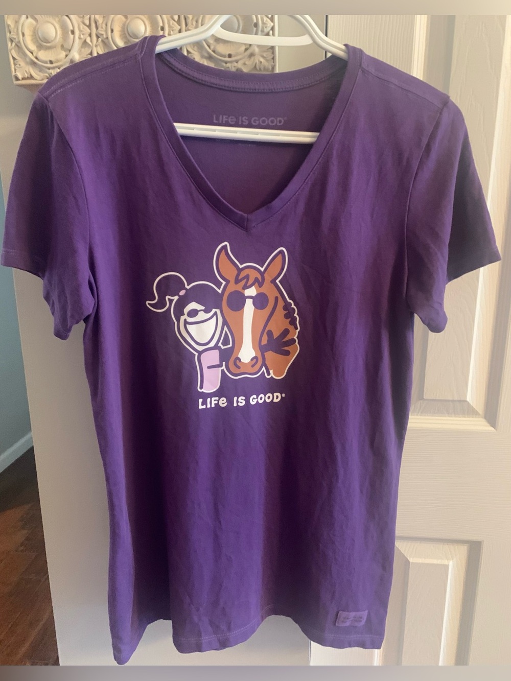 Life Is Good Purple V-Neck Tee with Horse & Girl Graphic - M